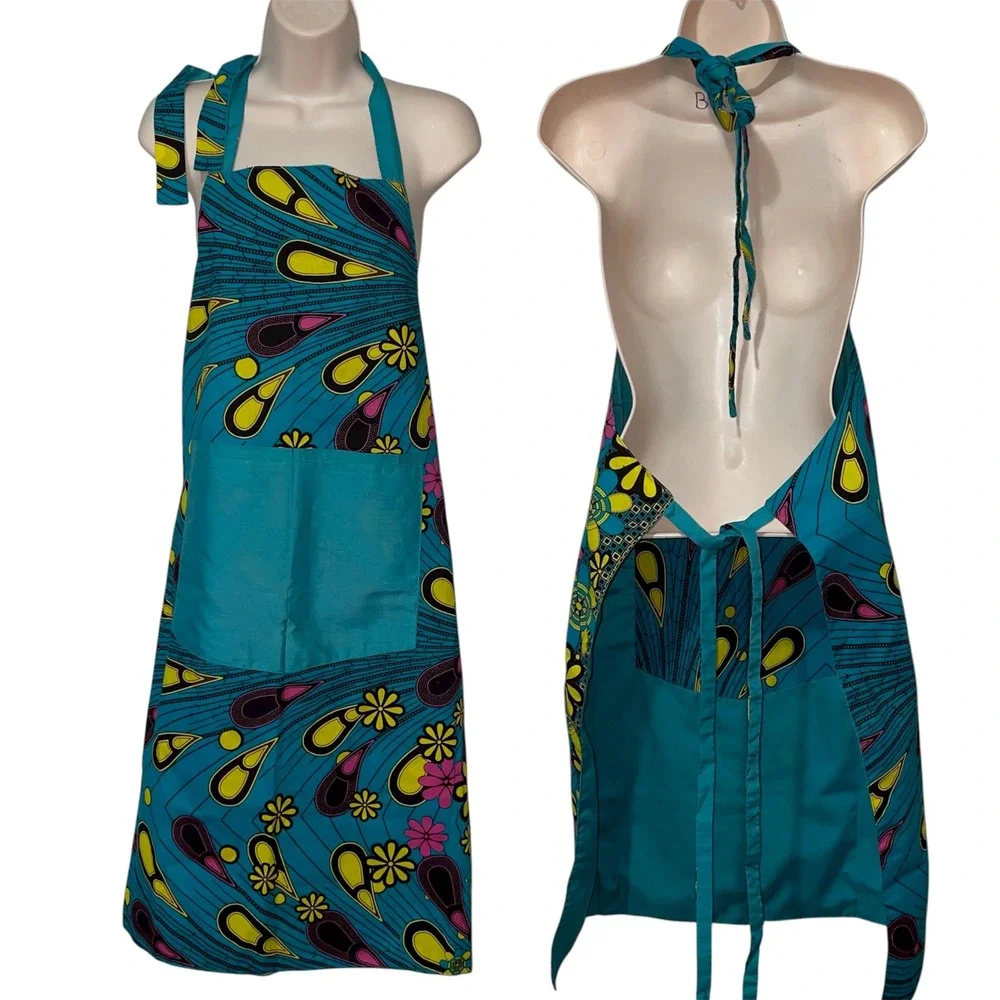 Handmade reversible African Wax Print Bib cook Apron Teal Floral Ankara‎ Pocket